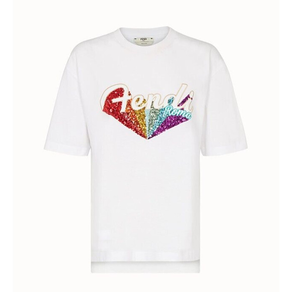 Fendi White Short Sleeve Round Neck Rainbow Sequined Fendi Roma Graphic Tee L - Picture 1 of 14